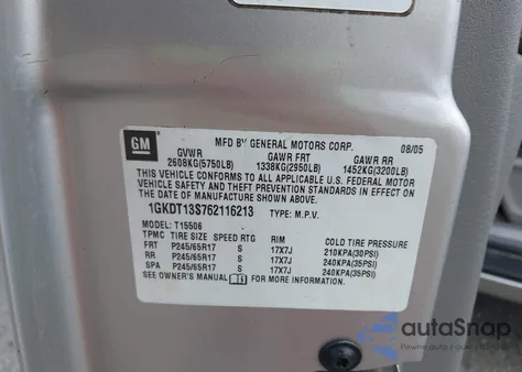 2006 GMC Envoy Sle z USA, uszkodzony, nr VIN 1GKDT13S762116213